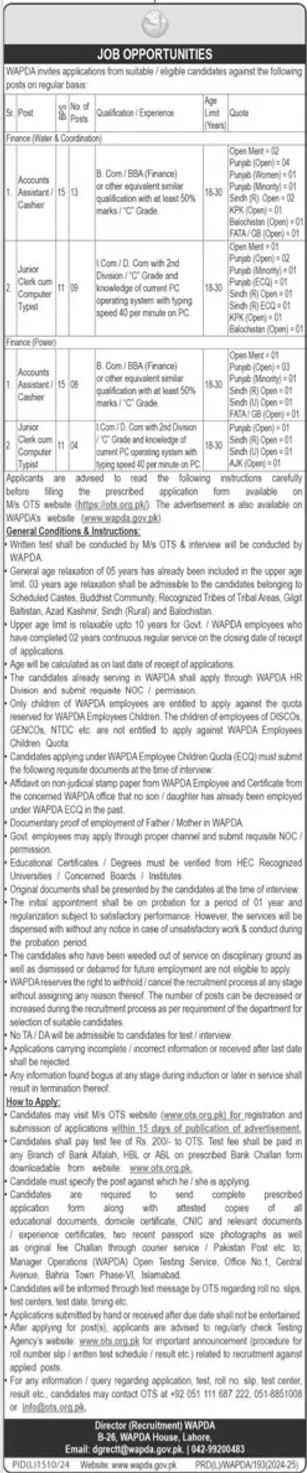 Advertisement of OTS WAPDA Jobs