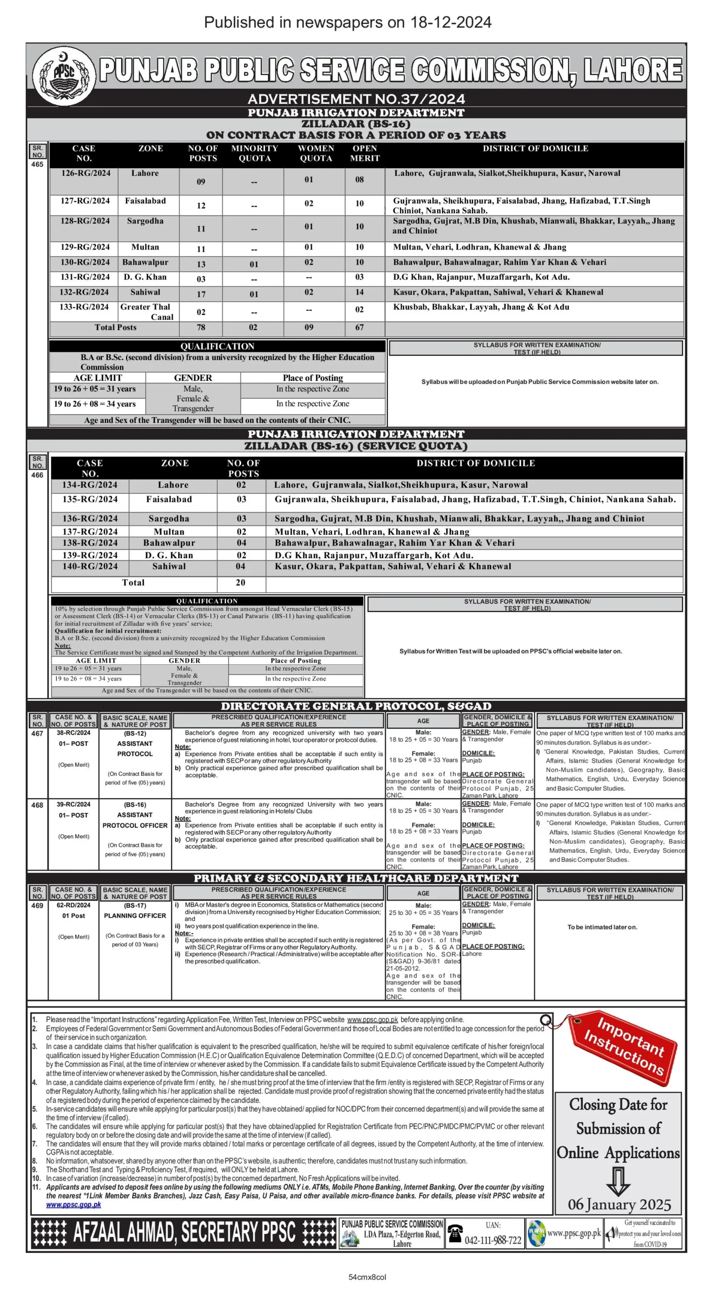 Advertisement of Zailladar Jobs in the Irrigation Department Punjab