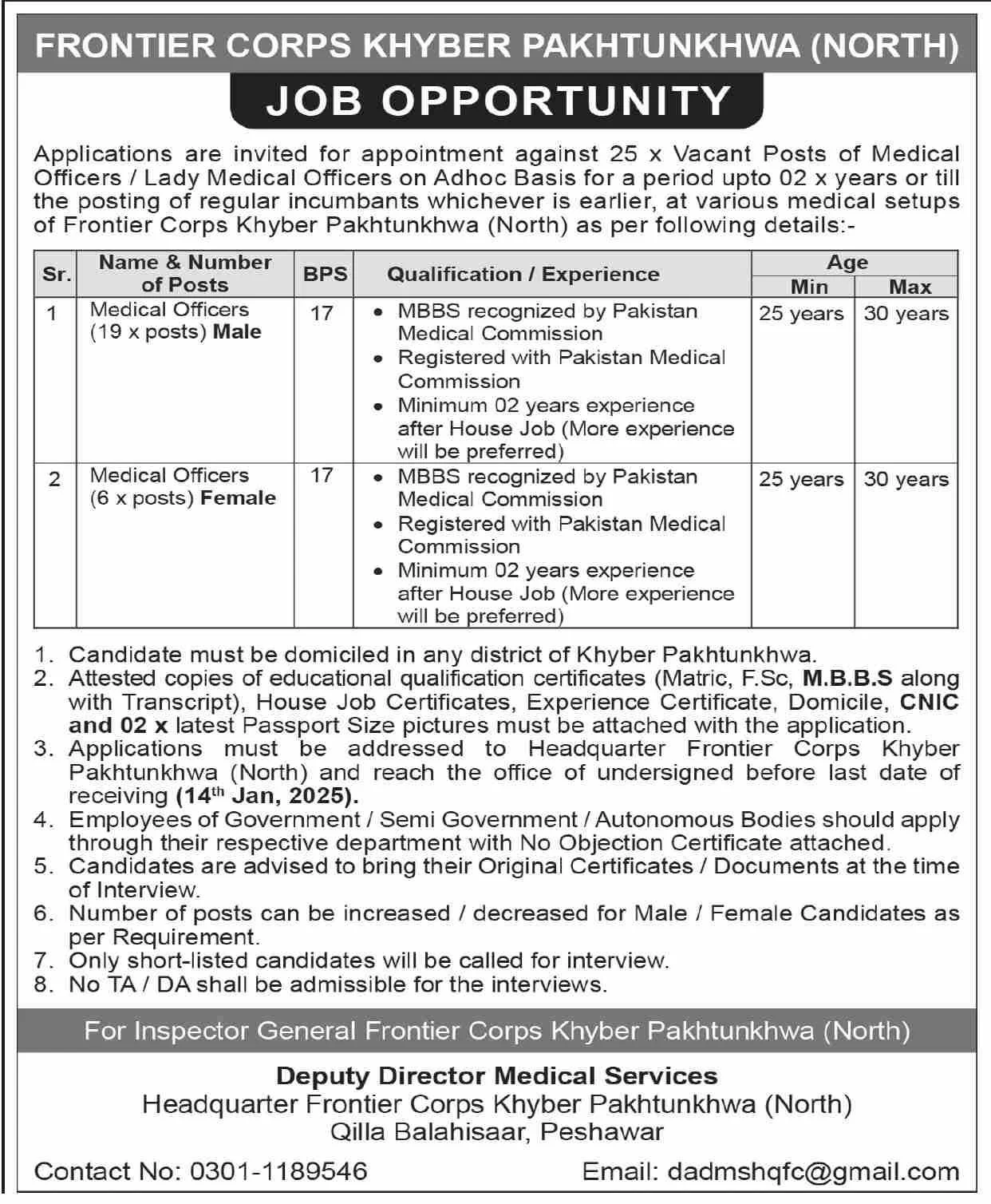 Frontier Crops Khyber Pakhtunkhwa North Jobs