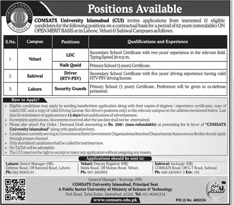 COMSATS University Lahore Campus Jobs