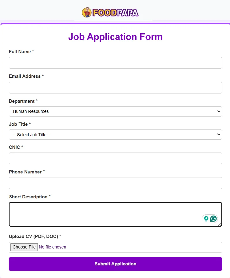 Food Papa Application Form