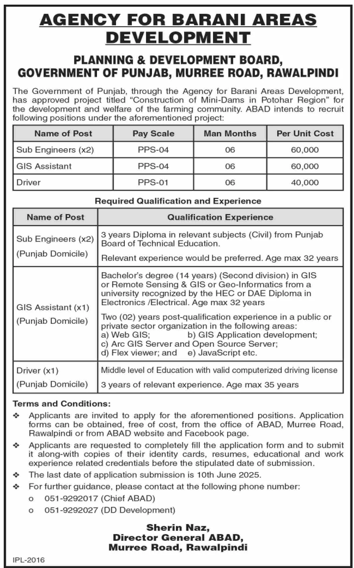 Advertisement for Planning and Development Board Rawalpindi Jobs