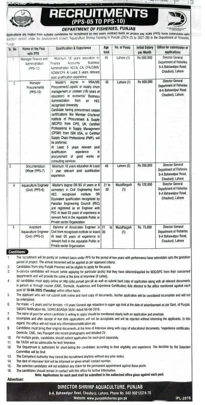 Fisheries Department Punjab Jobs