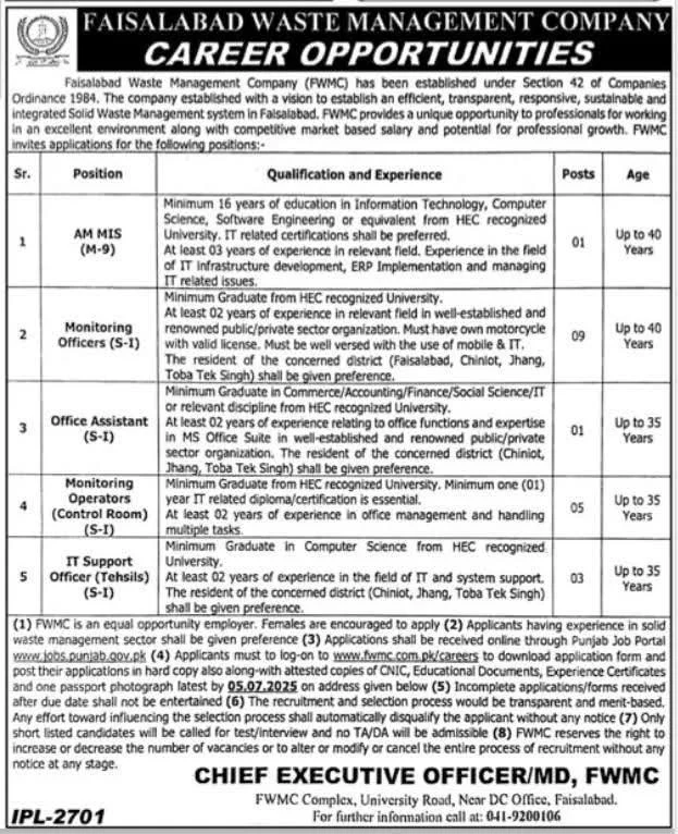 Advertisement for Faisalabad Waste Management Company FWMC Jobs