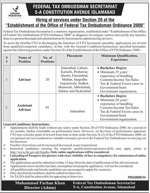 Advertisement for Federal Tax Ombudsman Secretariat Advisor Jobs