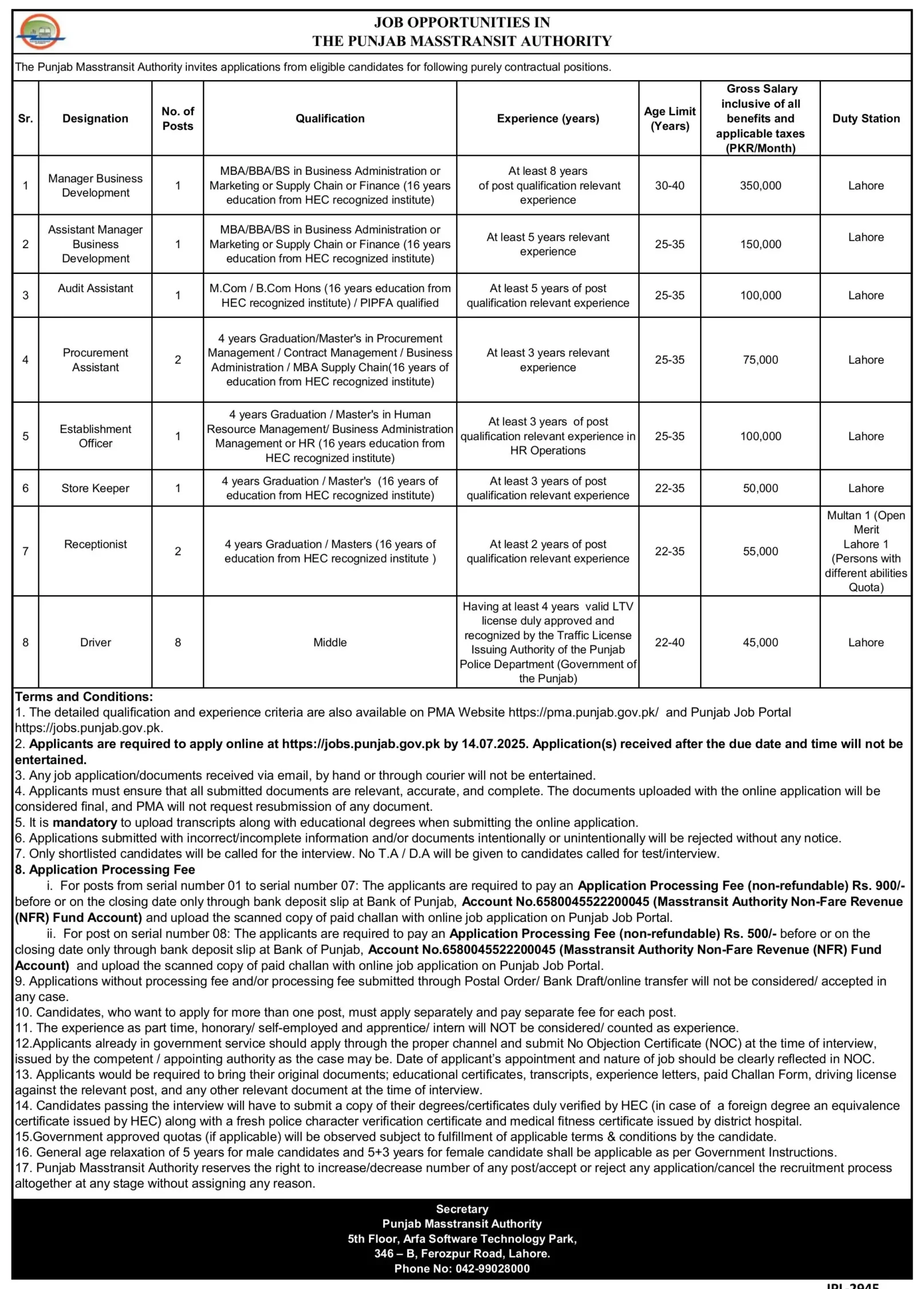 Advertisement for Punjab Masstransist Authority Lahore Jobs