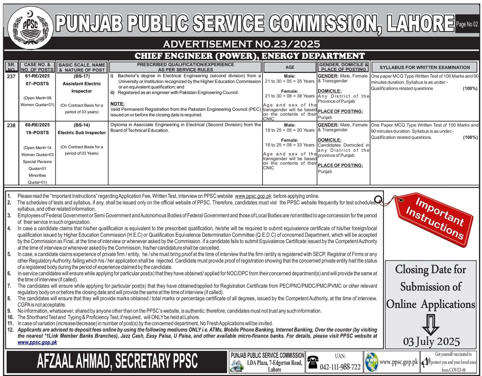 PPSC Electric Sub Inspector Jobs