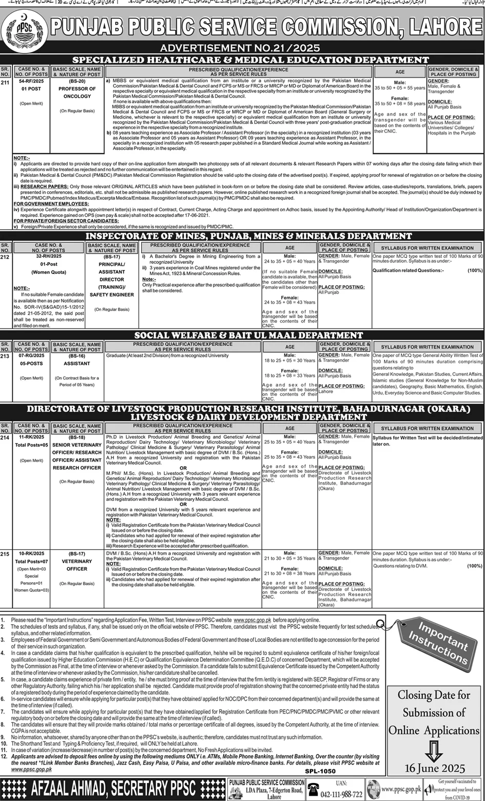 Punjab Public Service Commission Advertisement No. 21/2025