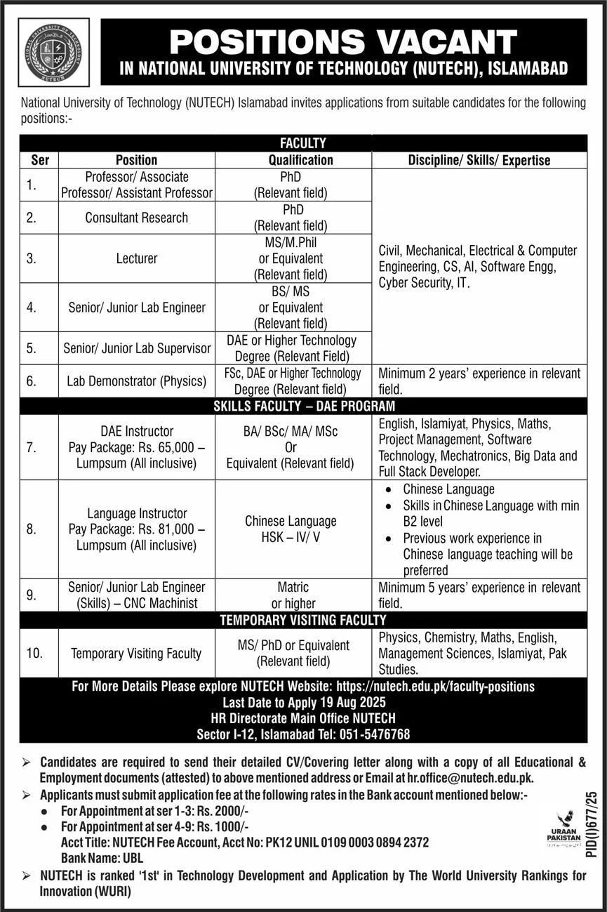 Advertisement for National University of Technology NUTECH Islamabad Jobs