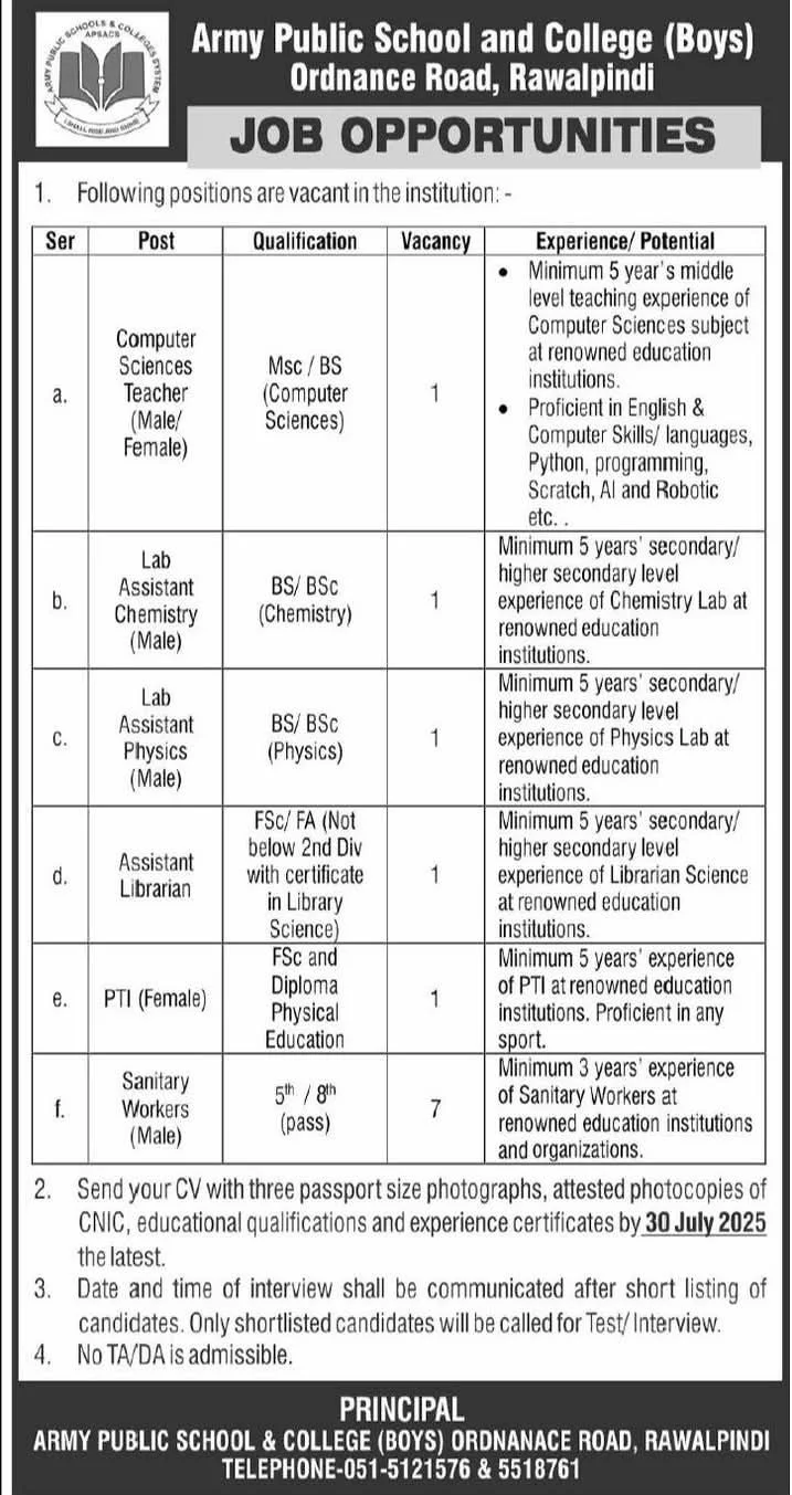 Advertisement of Army Public School Rawalpindi Jobs