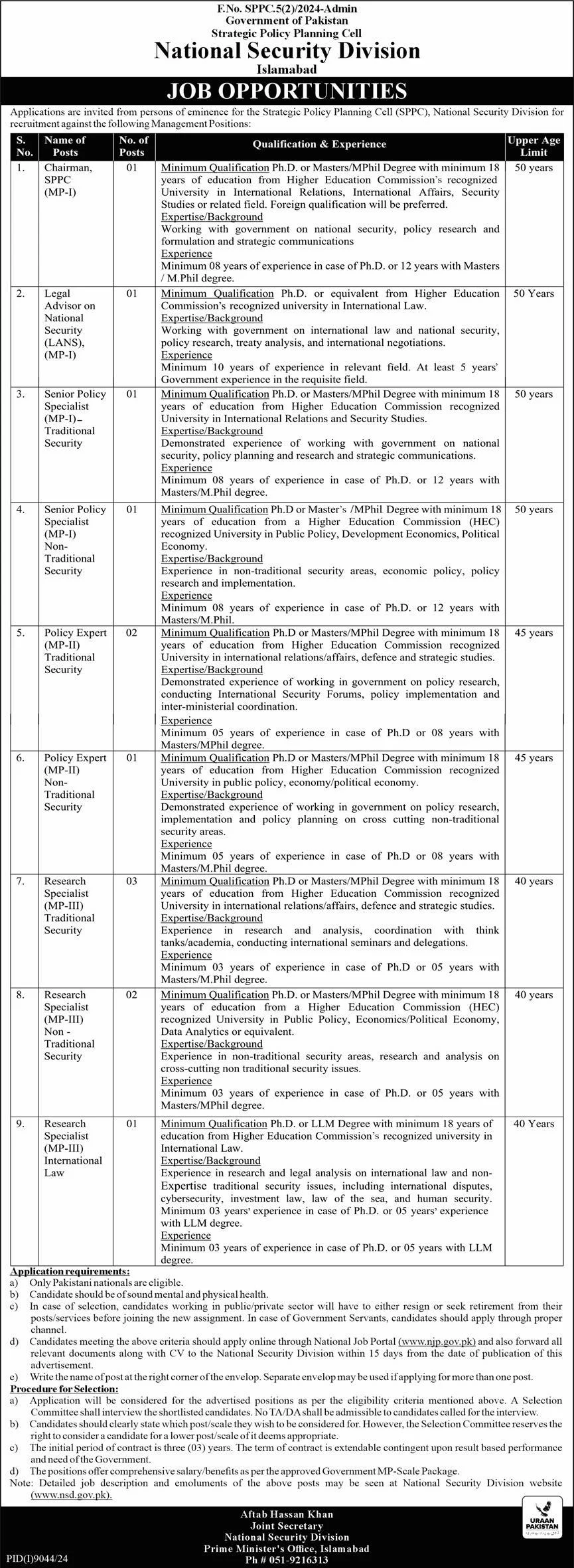 National Security Division Islamabad Jobs