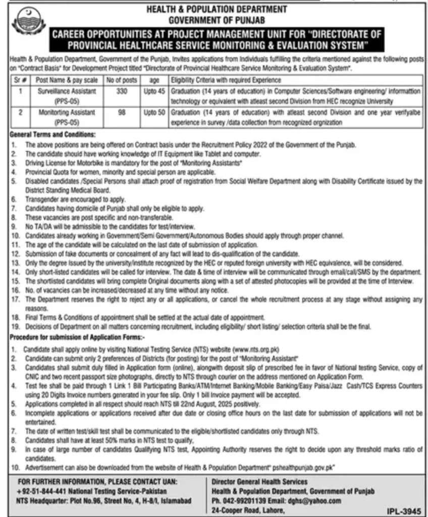 Advertisement of Punjab Health Department NTS Jobs