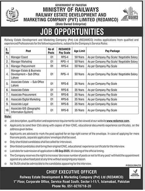 Advertisement of Railway Estate Development Company REDAMCO Jobs